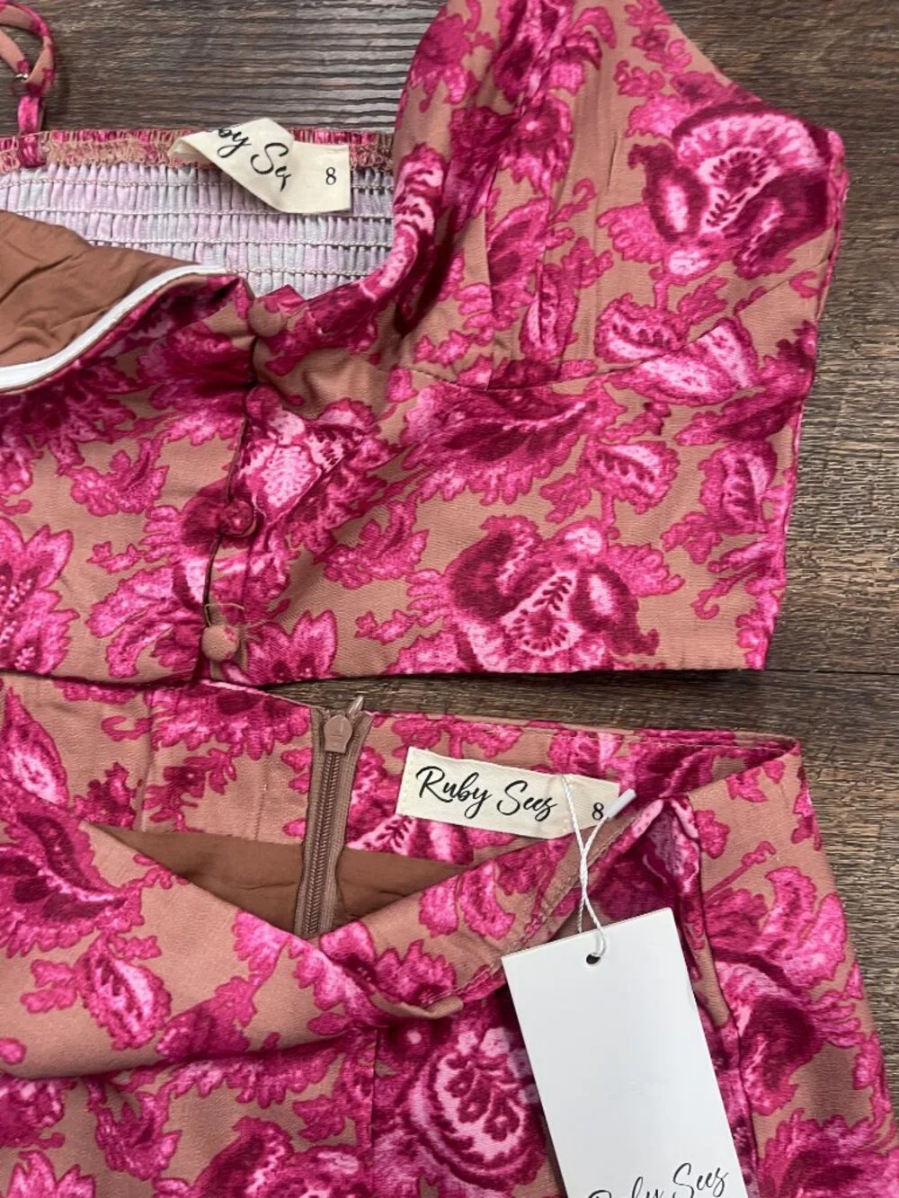 Pink Floral Coquette Matching Set Bustier Crop Top Mini Skirt NWT Size 8